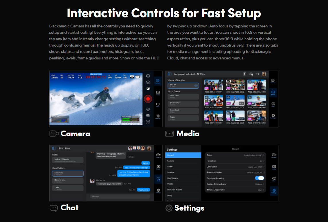 Blackmagic Camera app interactive controls